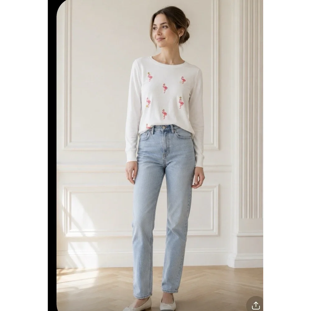 J. Crew Teddie Sweater Embroidered Flamingo Women's Size Small Preppy Tropical